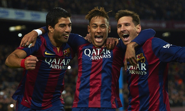 Na snímke Lionel Messi, Neymar a Luis Suarez
