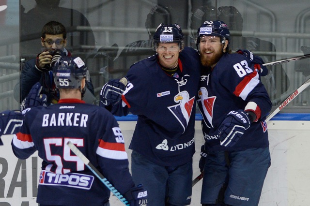 Na snímke radosť hráčov Slovana v zápase hokejovej KHL medzi HC Slovan Bratislava - Viťaz Moskovská oblasť v Bratislave 