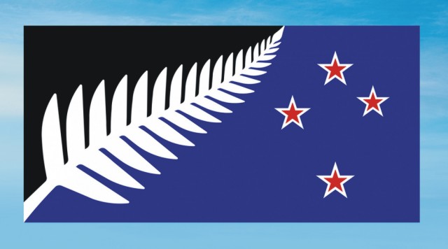 Návrh možnej novej štátnej vlajky z decembra 2015, ktorý znázorňuje typickú miestnu papraď a štyri hviezdy, predstavujúce súhvezdie Južný kríž 