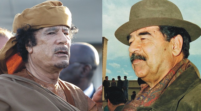 Na archívnej snímke Muammar Kaddáfi a Saddám Hussajn