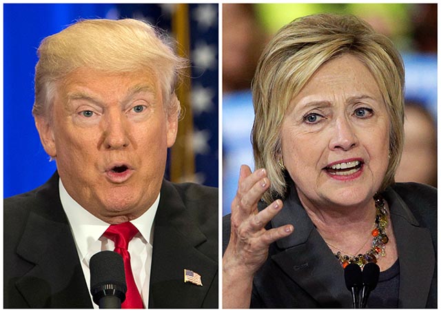 Na kombosnímke sú demokratická uchádzačka o prezidentskú kandidatúru Hillary Clintonová (vpravo) a jej republikánsky súper Donald Trump. 
