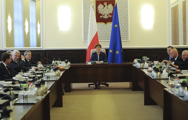 Na archívnej snímke premiérka Beata Szydlová (v strede) počas zasadnutia poľského vládneho kabinetu
