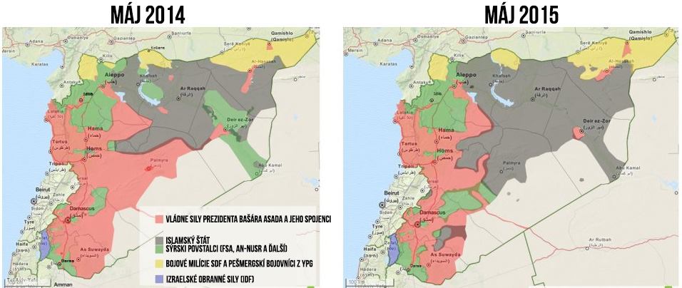 Ovládané územie v Sýrii máj 2014 a máj 2015