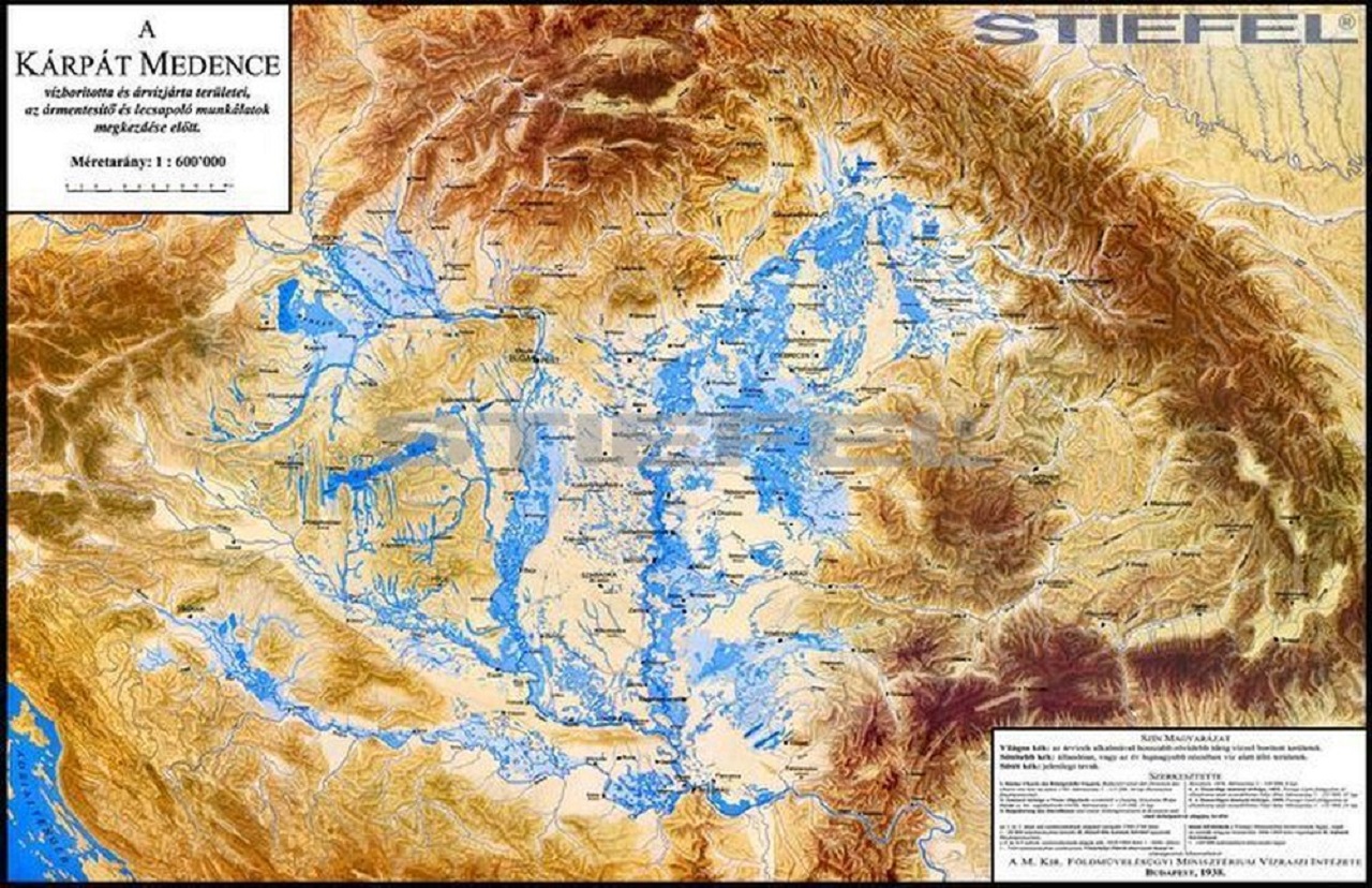 Mapa záplav ešte z r. 1938. Vidno na nej silné zavodnenie miest, kde v minulosti bolo obrovské jazero, do doby, kedy si Dunaj našiel cestu cez Železné vráta