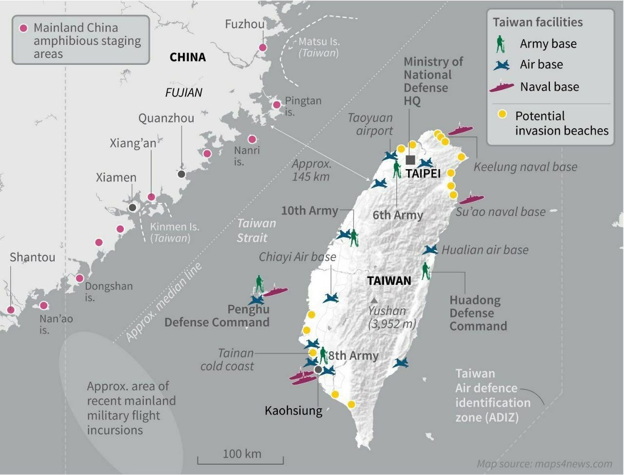 Mapa potenciálnej vyloďovacej operácie čínskych ozbrojených síl v prípade negatívneho vývoja udalostí v okolí Taiwanu