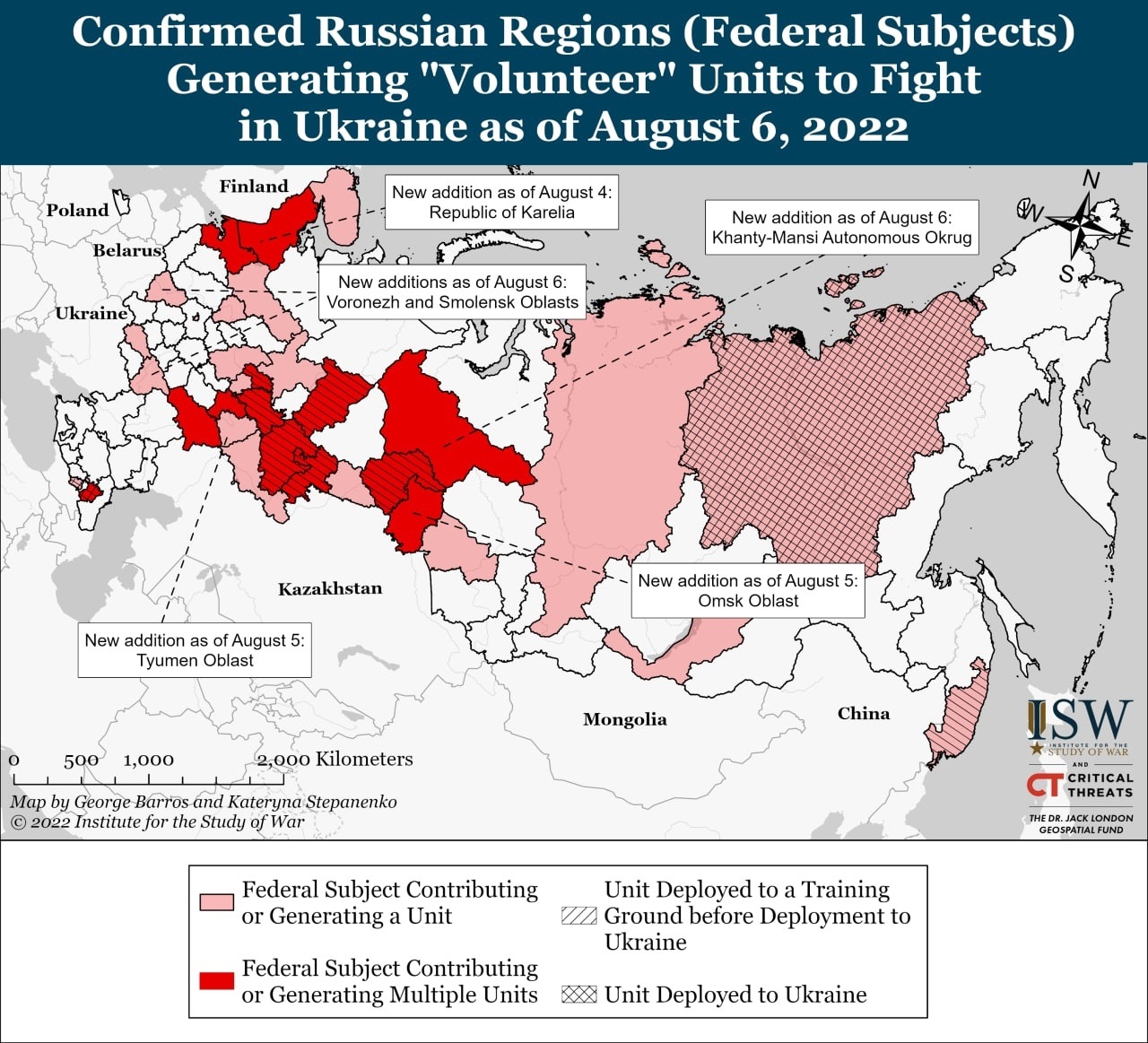 mapa ruských regiónov, v ktorých bolo potvrdené formovanie dobrovoľníckych jednotiek pre vojnu na Ukrajine