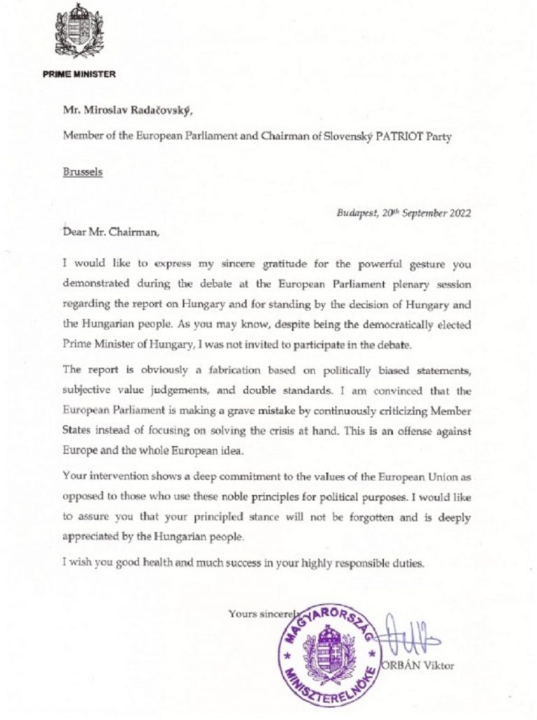list Viktora Orbána Miroslavovi Radačovskému