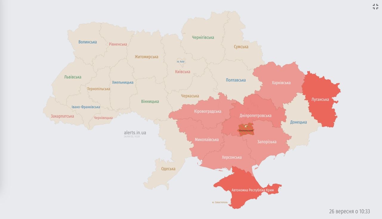 Vzdušné sily varujú pred raketovou hrozbou v Charkovskej, Nikolajevskej, Chersonskej, Dnepropetrovskej, Záporožskej a Kirovogradskej oblasti