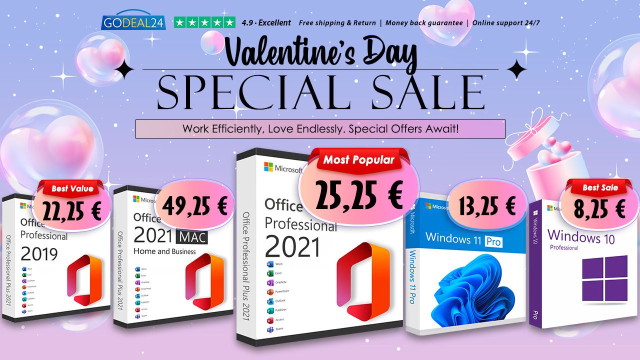 Godeal24 Valentínsky predaj: využite najlepšiu ponuku dňa. Office 2021 Pro Plus len za 25,25 € a Windows 11 Pro len za 13,25 €!
